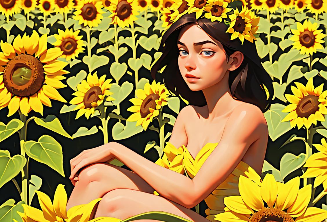 Young woman with a flower crown, sitting in a field of sunflowers, embodying the free-spirited essence of National Topless Day..