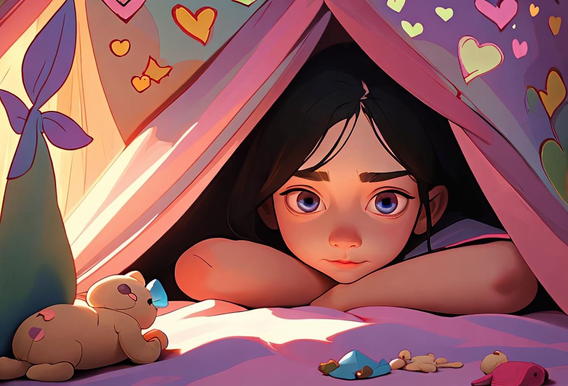 Young at heart, embrace your inner child by building a cozy, homemade architecture blanket fort. Inspiring creativity in a whimsical living room scene with plush toys and fairy lights..