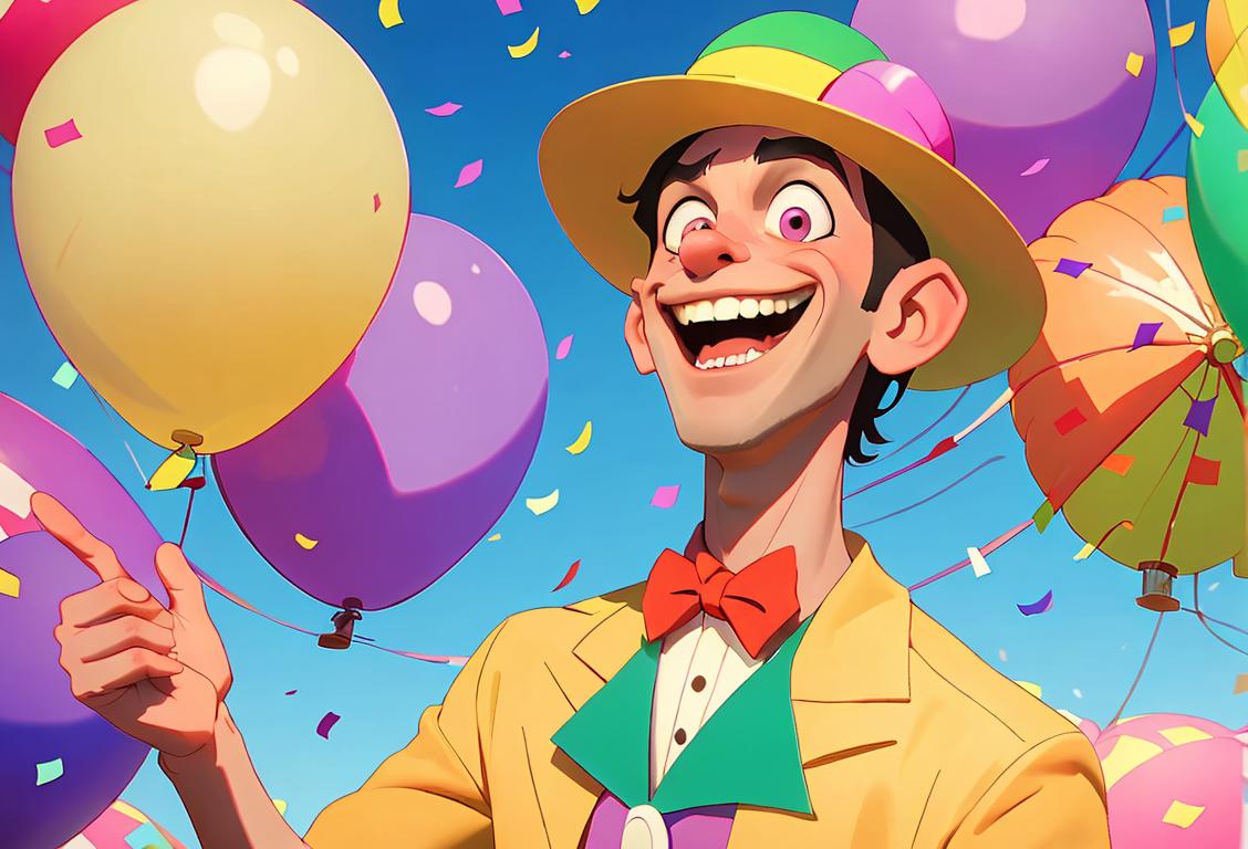 Young man wearing a colorful hat, laughing while surrounded by balloons and confetti, in a whimsical and playful carnival setting..
