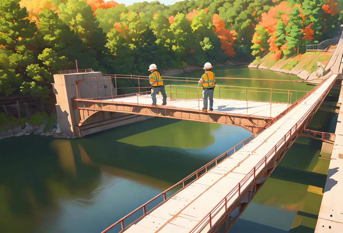 A group of diverse engineers in safety vests working together on a stunning bridge project, surrounded by beautiful natural scenery..