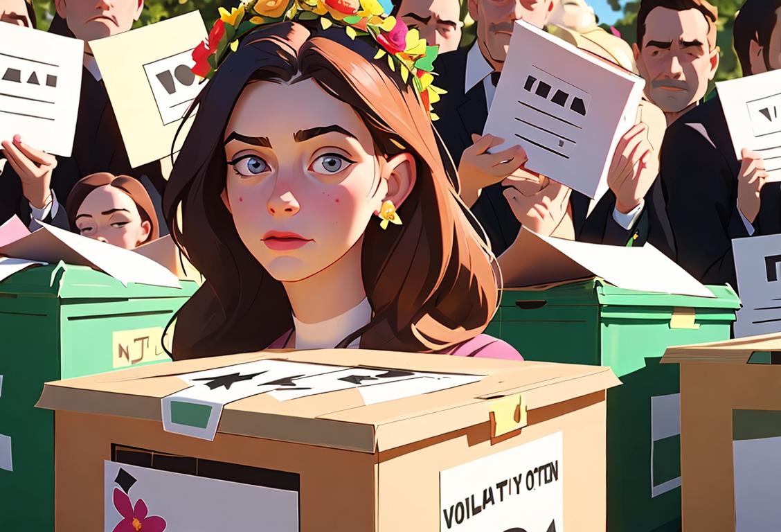 Young woman named Gemma, wearing a flower crown, surrounded by ballot boxes, celebrating National Vote Gemma Day.