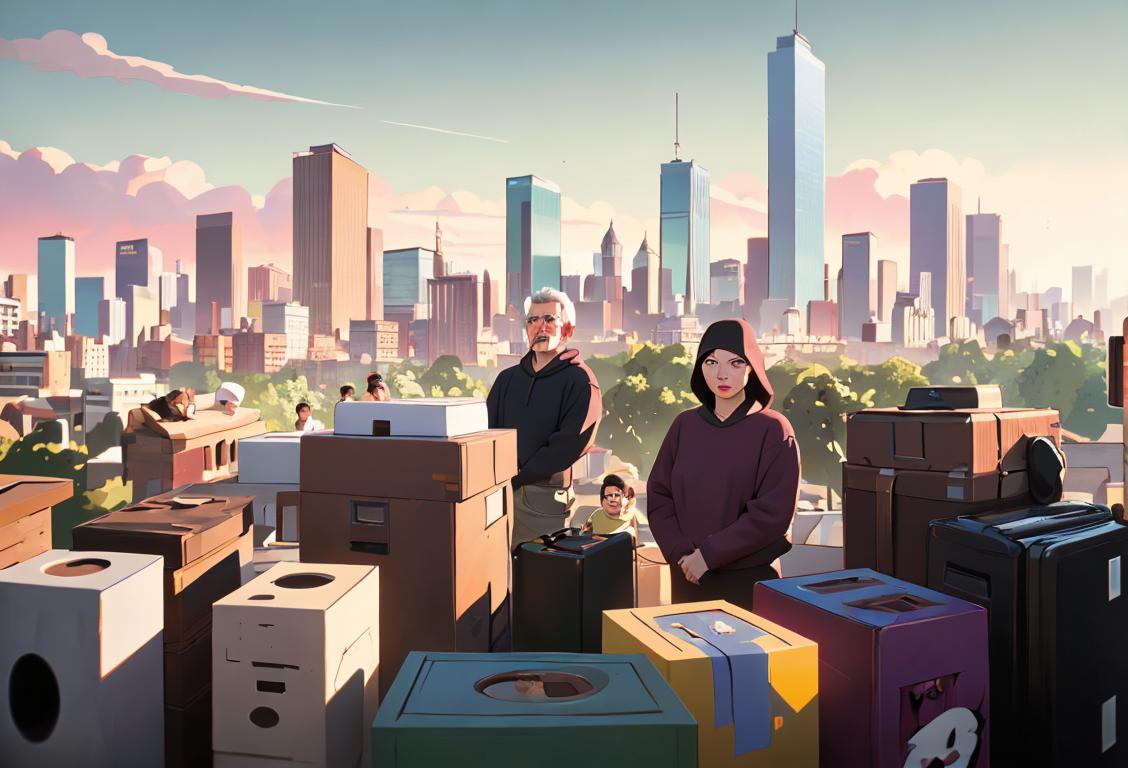 Group of diverse people wearing casual clothing, surrounded by everyday objects, urban cityscape in the background..