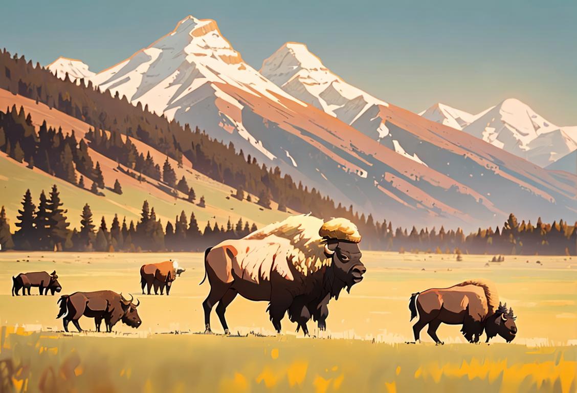 Majestic bison grazing in a sunlit prairie, with a cowboy hat, western fashion, and a beautiful mountain backdrop..