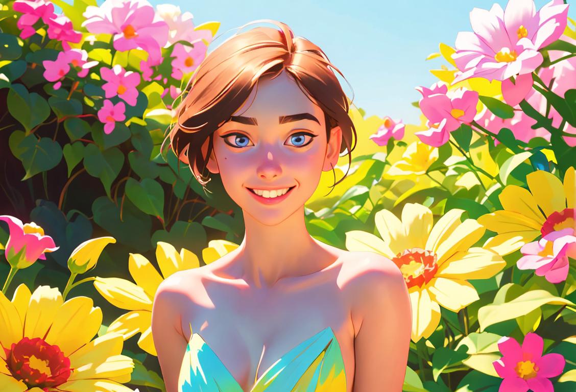 Young person with a genuine smile, surrounded by beautiful flowers, wearing a colorful summer outfit and enjoying the outdoors..