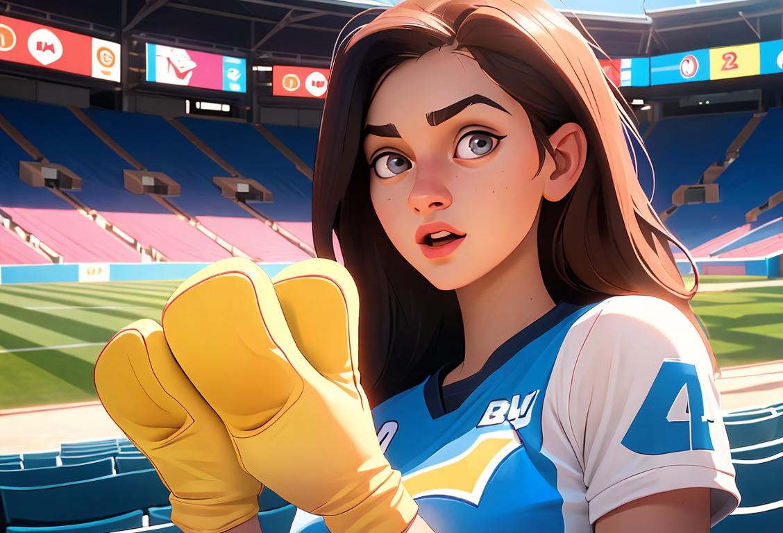 Young woman wearing a sports jersey, holding a foam finger, cheering in a stadium surrounded by fans..