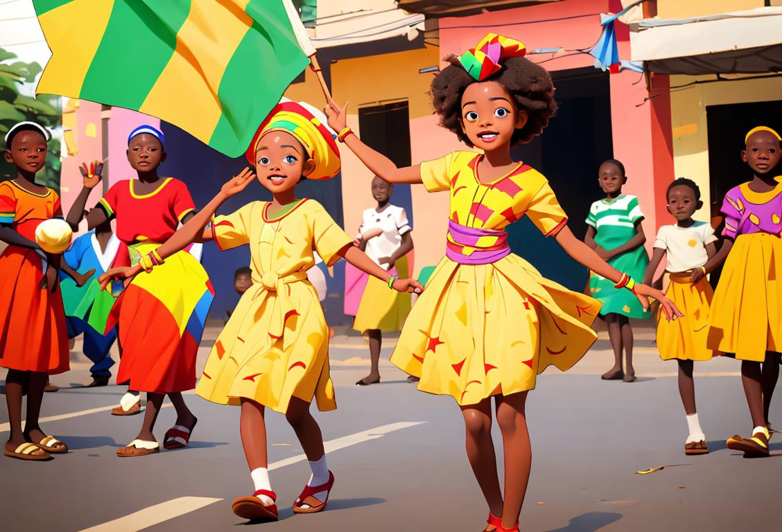 Happy Ghanaian children waving the flag, wearing colorful traditional clothing, dancing in a vibrant street parade..