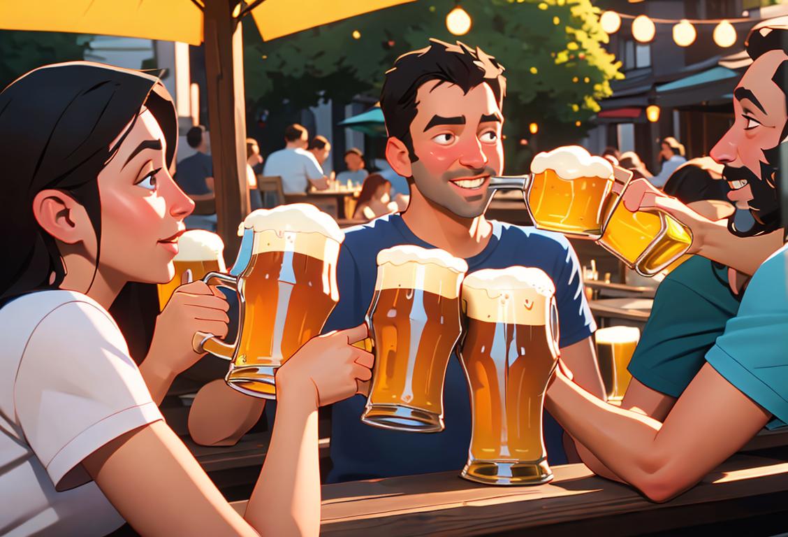 A group of friends toasting with beer mugs, wearing casual summer outfits, vibrant outdoor beer garden setting..