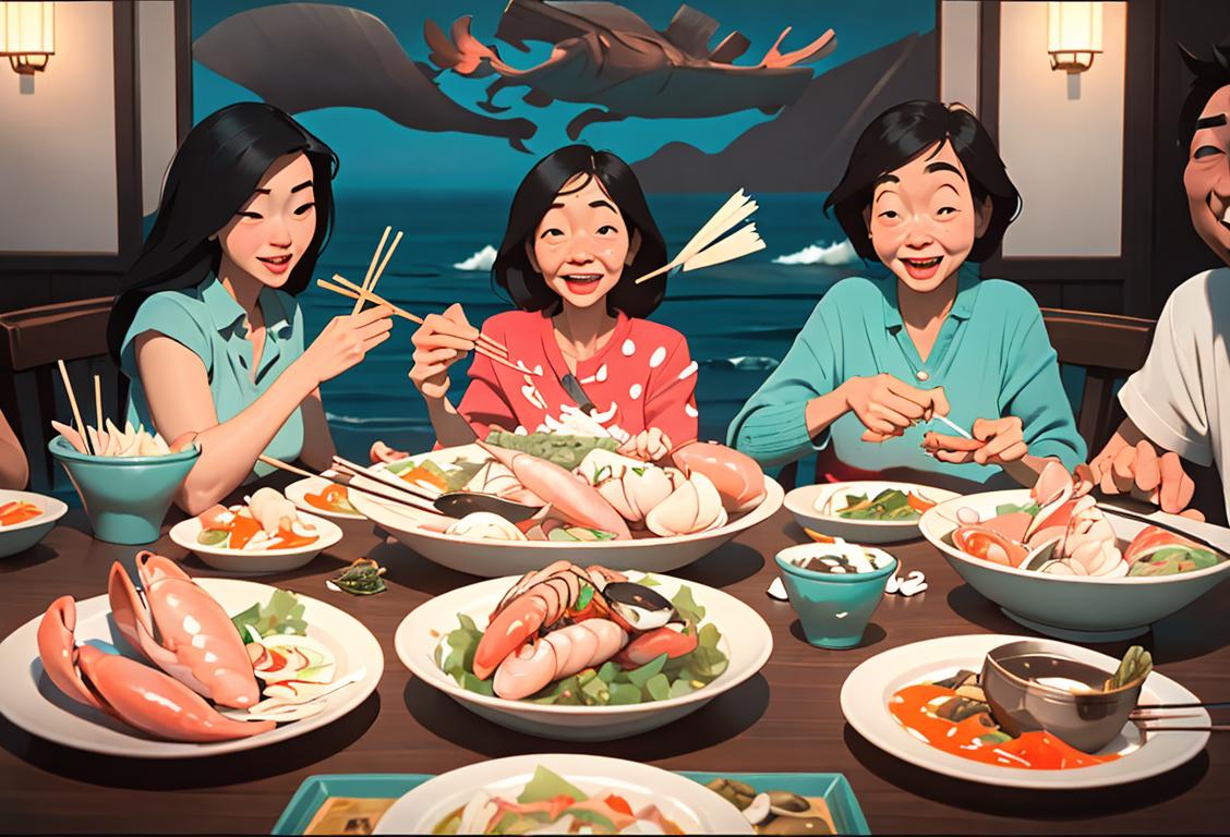 Happy folks gathered around a table, enjoying a delectable seafood feast with chopsticks in hand, highlighting the beauty of the ocean's bounty..