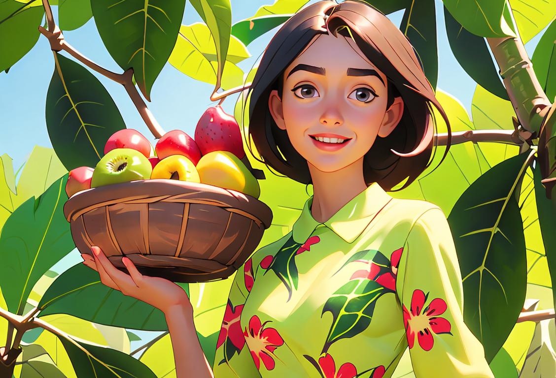 A cheerful young girl in a kiwi-print dress, surrounded by lush greenery, holding a kiwi fruit basket with colorful fruits..