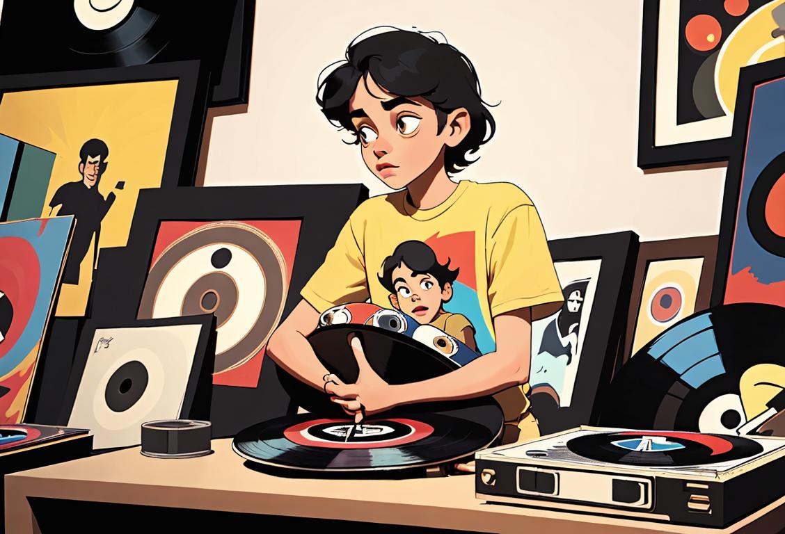 Young person surrounded by a stack of vinyl records, wearing a vintage band t-shirt, retro room decor..