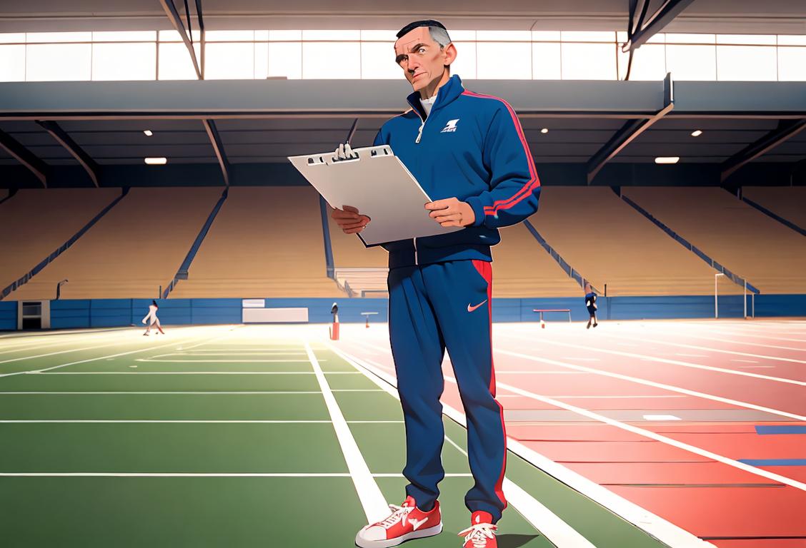 Energetic athletic director holding a clipboard, wearing sneakers, track suit, and standing in a bustling sports facility..