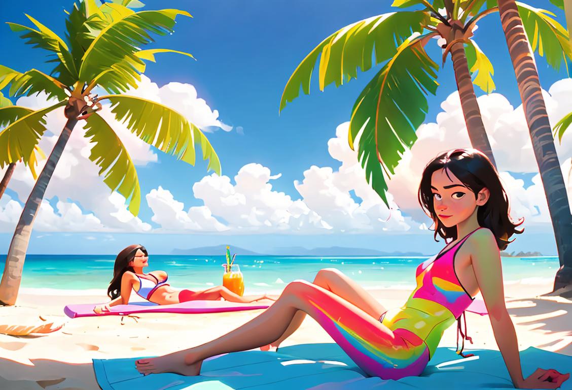 Young people sunbathing on a beach, wearing colorful swimsuits, tropical palm trees in the background..