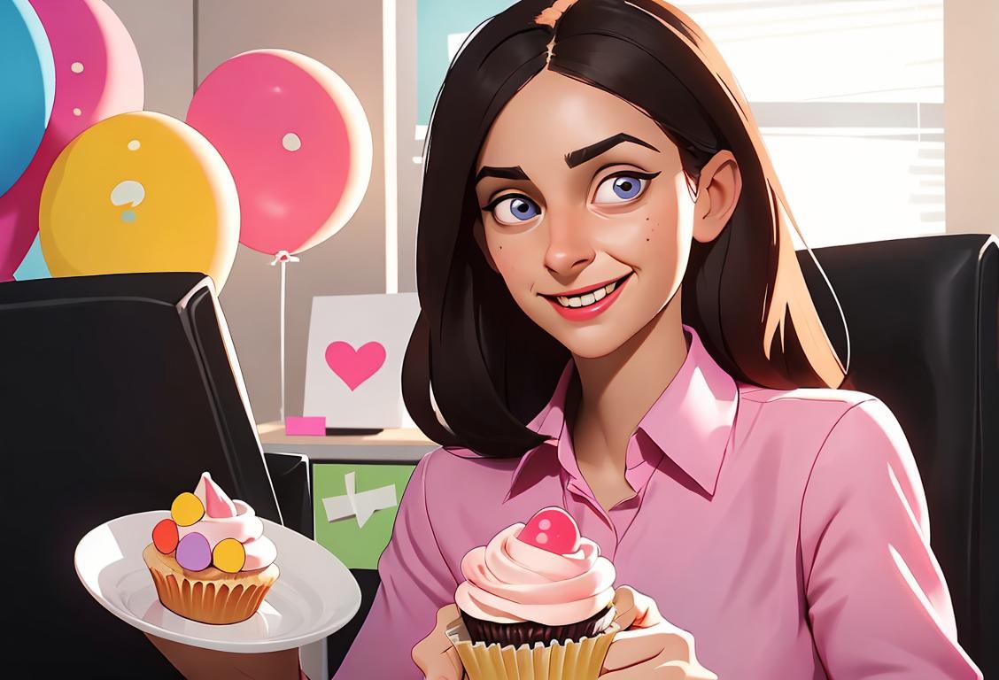 Cheerful person wearing professional attire, holding a surprise cupcake, in an office setting with coworkers in smart casual outfits..