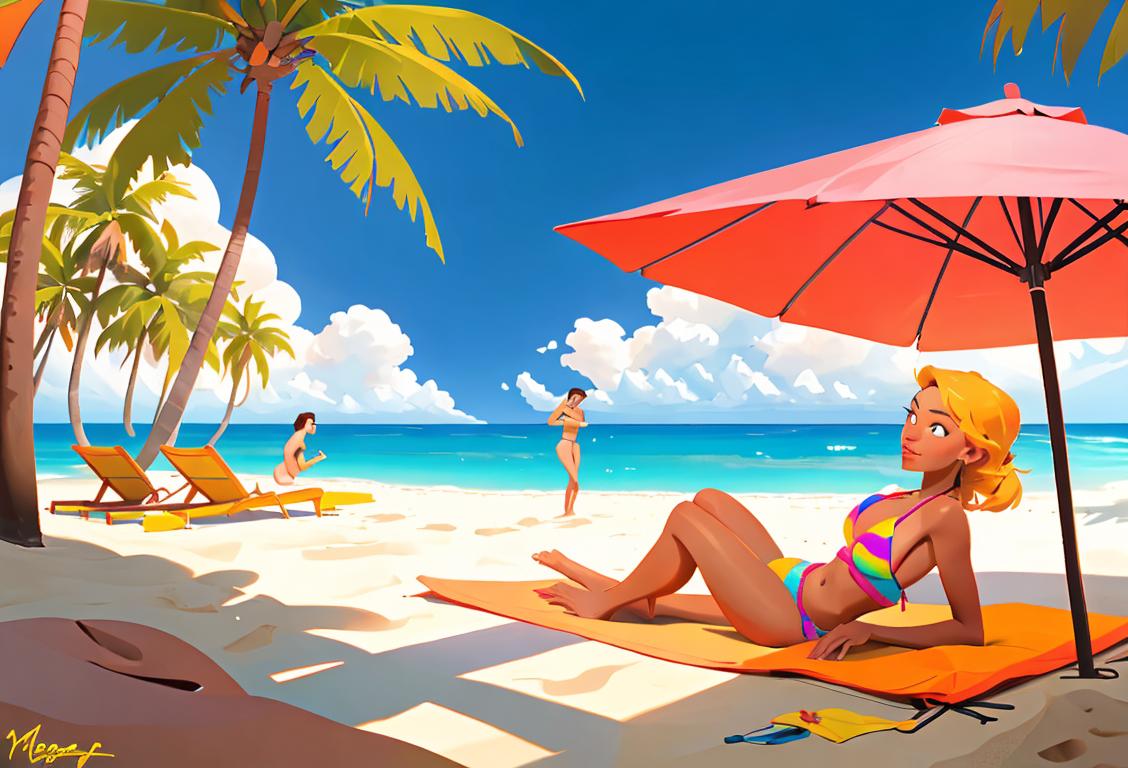 A sun-soaked beach scene with a man and woman of diverse backgrounds, wearing brightly colored bikinis, surrounded by palm trees and beach umbrellas..
