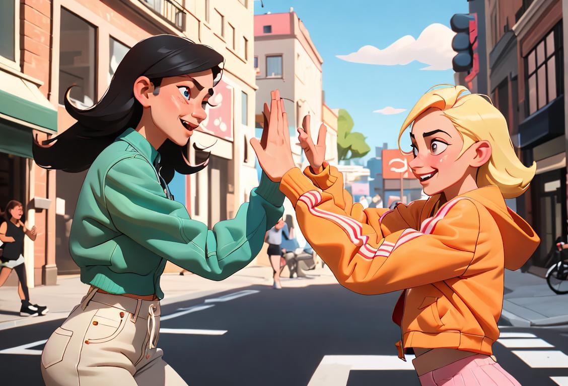 Two friends playfully high-fiving, wearing trendy clothes, urban street setting, wholesome and energetic vibe..