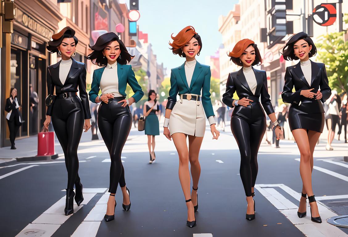 A group of stylish single ladies confidently strutting down a trendy city street, exuding power and independence. They are wearing fashionable outfits and smiling with joy..