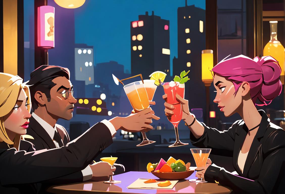 Group of friends toasting glasses at a lively bar, trendy outfits, urban backdrop, beautiful cocktails on the table..