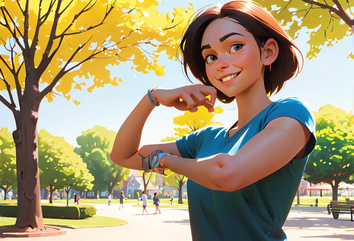 A smiling person in casual clothing, showcasing their flexible elbow joint while surrounded by a sunny park scene..