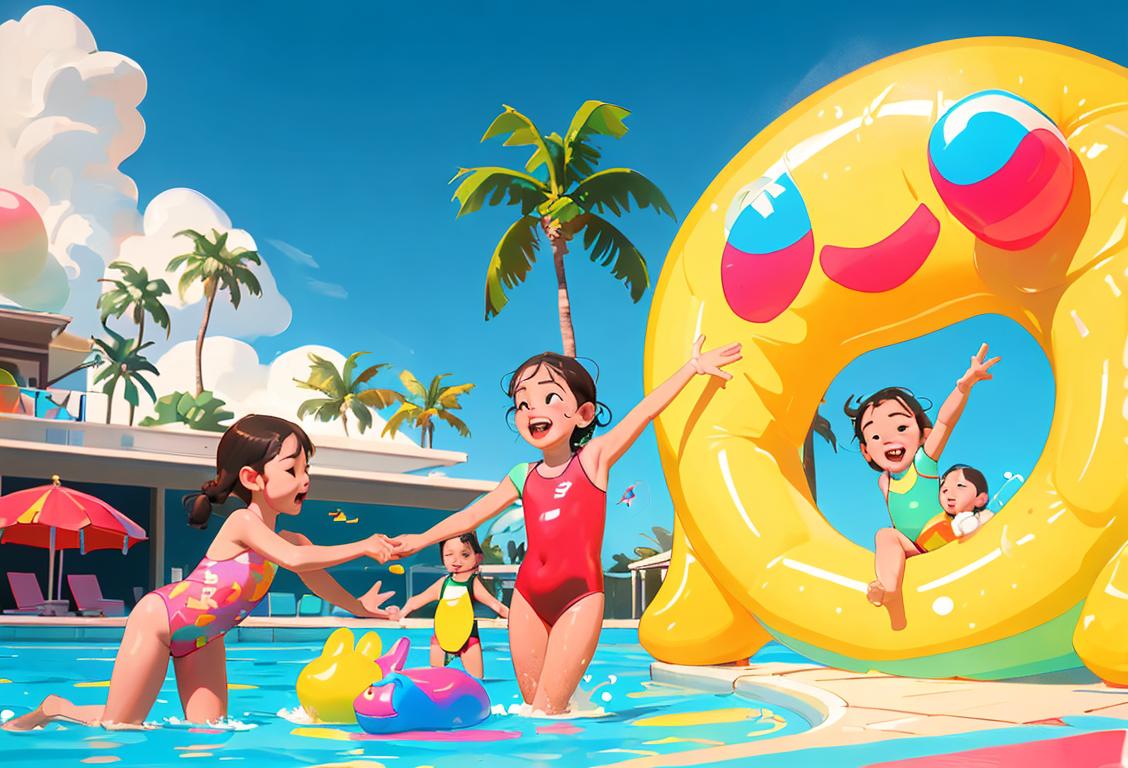 Young children wearing colorful swimwear, holding inflatable toys, playing happily in a pool surrounded by sunny palm trees..