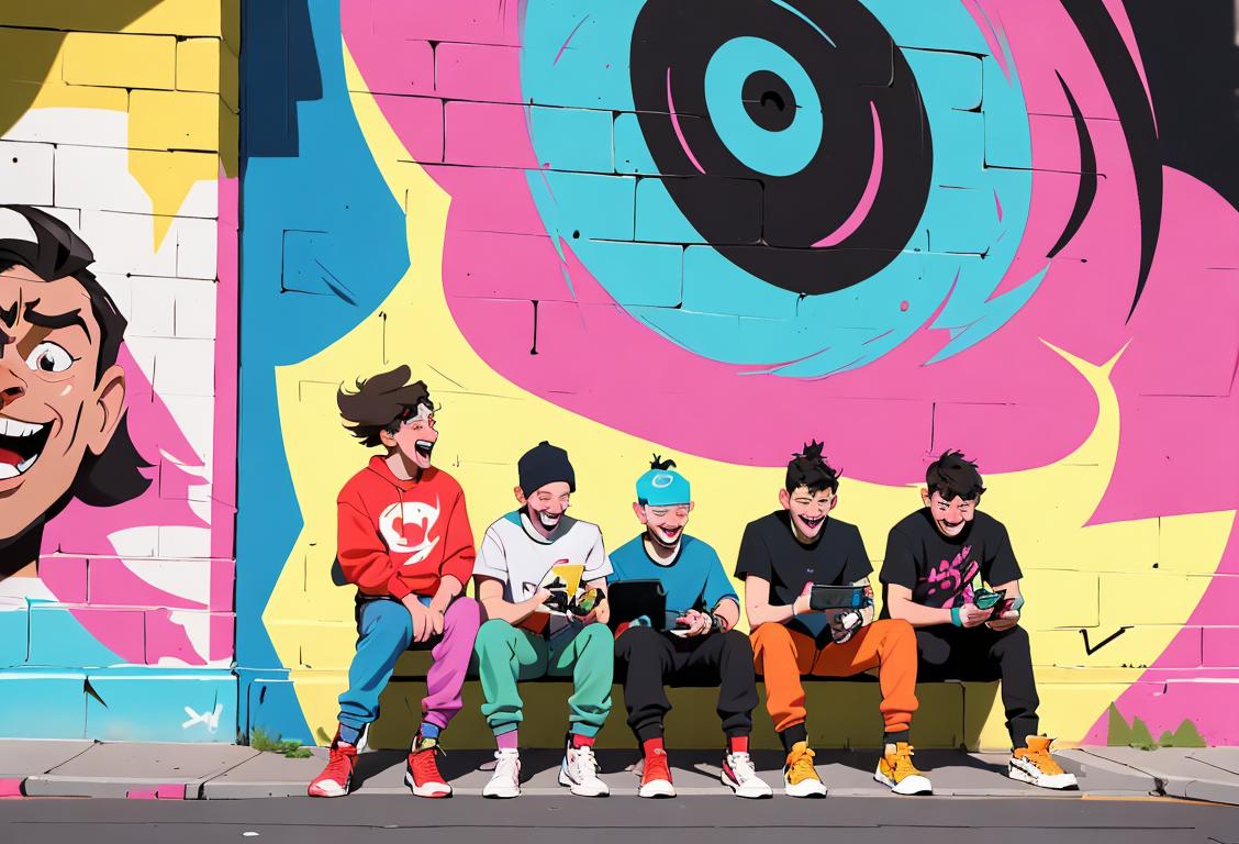 A group of lads laughing at their smartphones, stylishly dressed in trendy streetwear, surrounded by colorful graffiti walls in a vibrant urban setting..