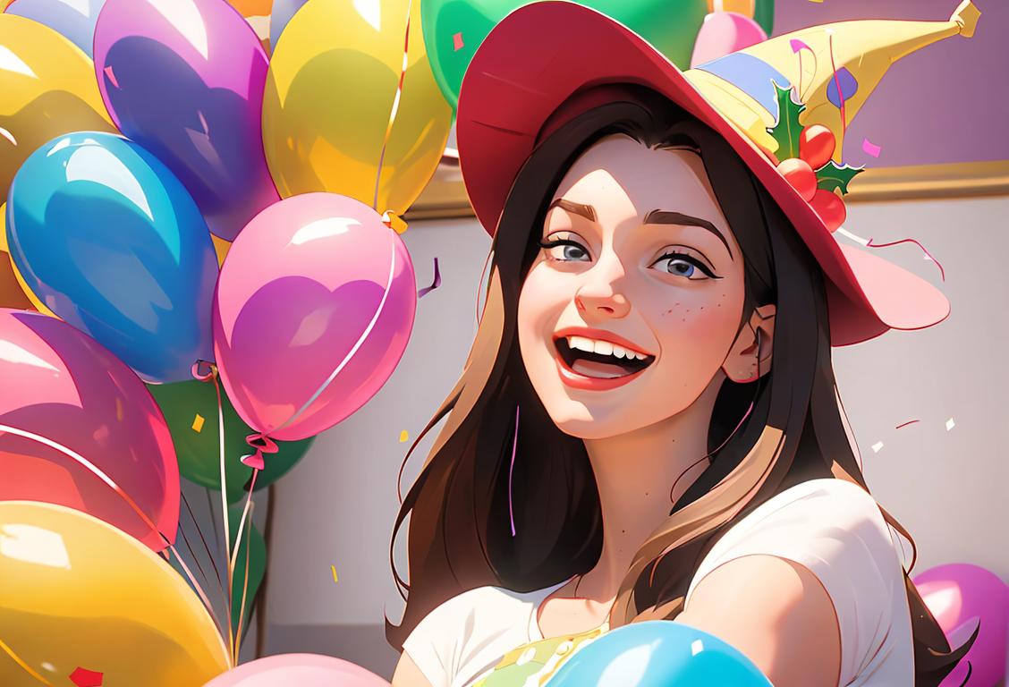 Young woman named Briana laughing with joy, wearing a party hat, surrounded by confetti and balloons, indoor festive setting..