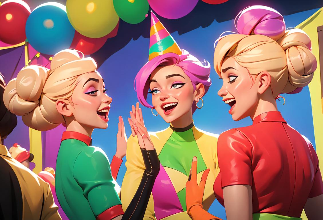 A group of friends laughing and clapping, wearing colorful and stylish outfits, celebrating the belated appreciation of beautiful buns at a vibrant and festive party scene..