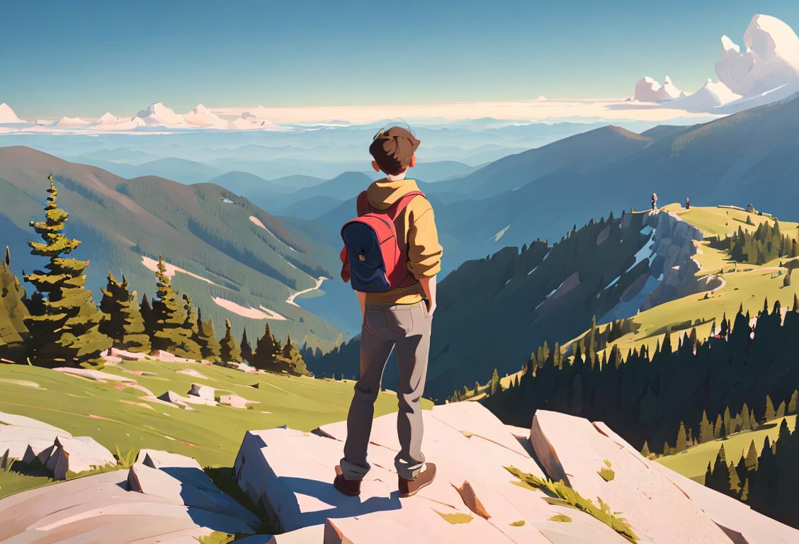 Young person standing on top of a mountain, reaching for the sky, wearing casual clothes, surrounded by beautiful nature..