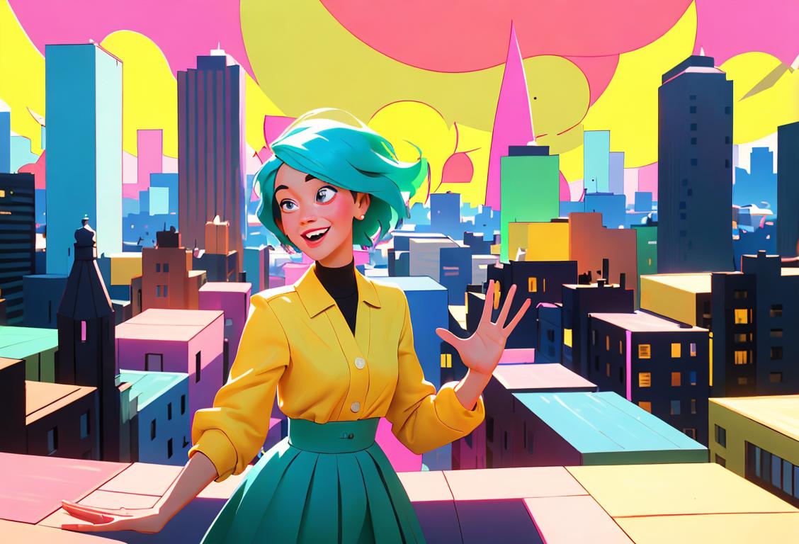 A diverse group of happy people in trendy outfits, waving goodbye to negativity and embracing positivity on National Cut People Off Day. Urban cityscape backdrop, vibrant colors and energetic atmosphere..