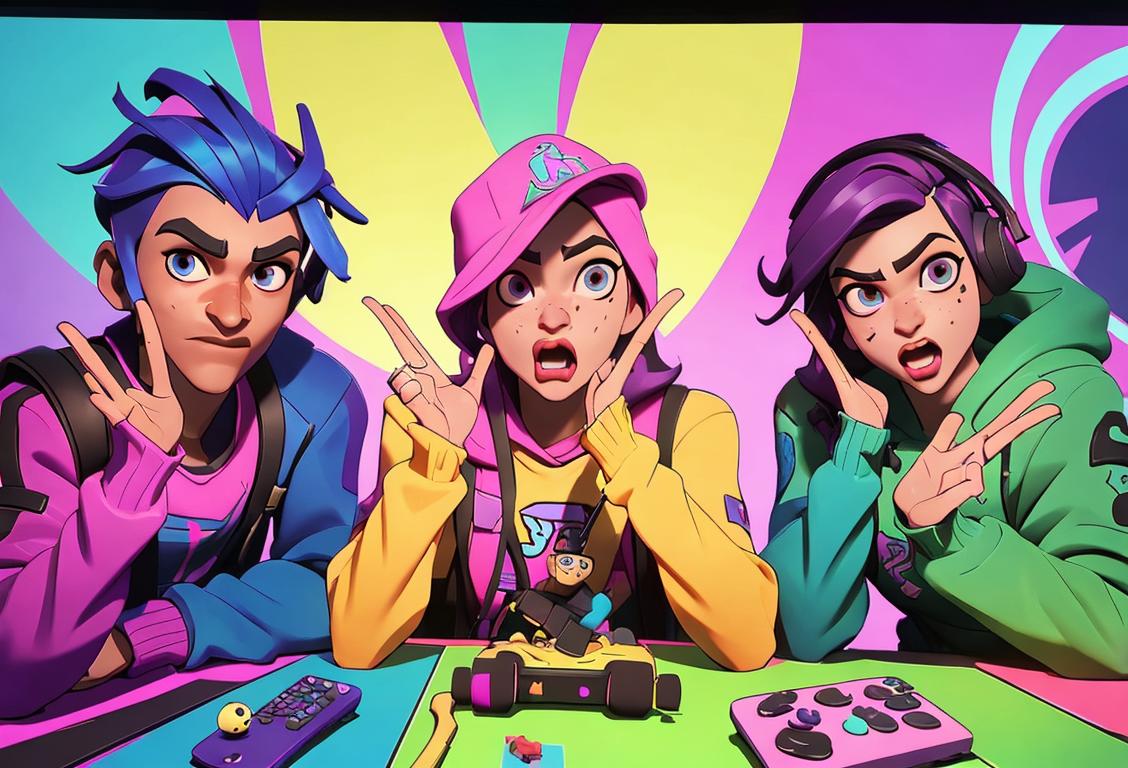 Group of diverse players in Fortnite-themed outfits, posing with victory gestures, colorful gaming setup, with streamer equipment and merchandise in the background..