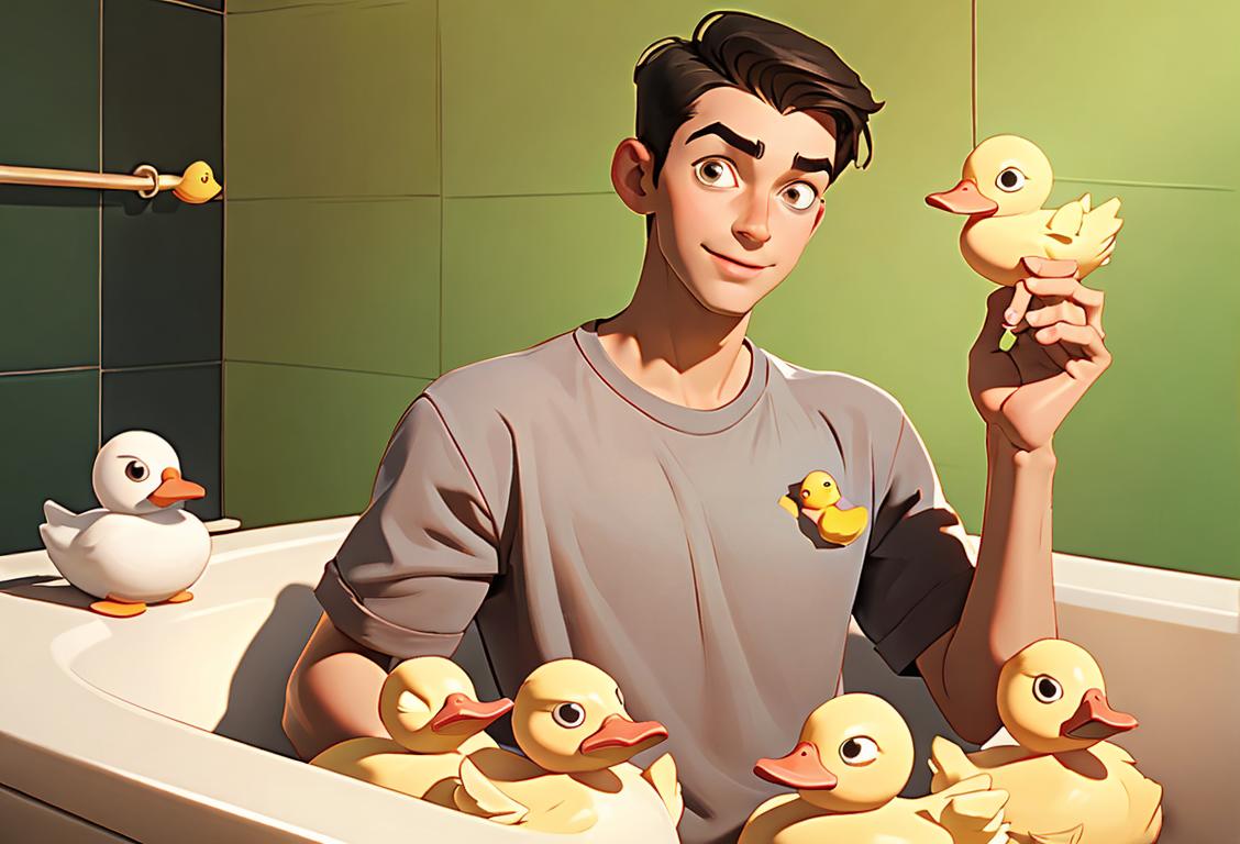 Young man holding up a rubber duck, wearing casual attire, in a bright and cheerful bathroom setting..