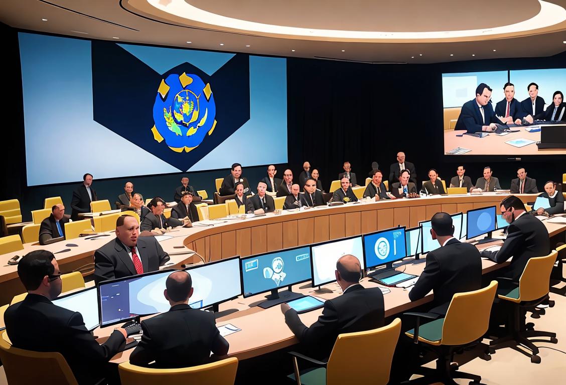 A diverse group of individuals in professional attire, working together in a high-tech command center, surrounded by computers and screens displaying data..