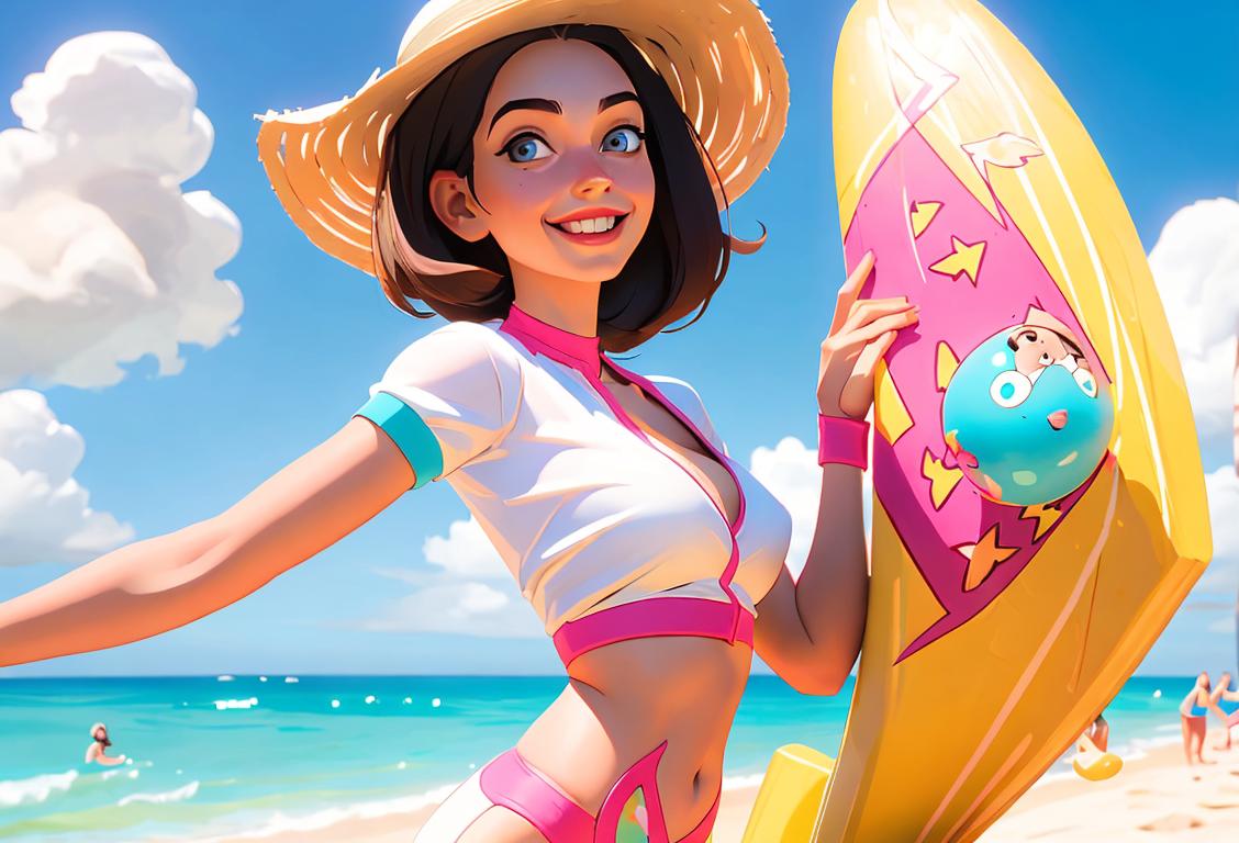 Young woman with a playful smile, wearing a summery outfit, enjoying a sunny beach day with friends..