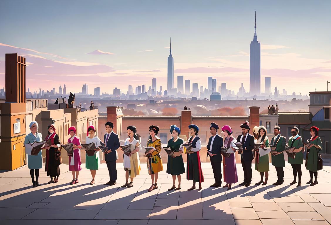 A diverse group of people standing together, wearing clothes representing various cultures, holding newspapers, against a city skyline..