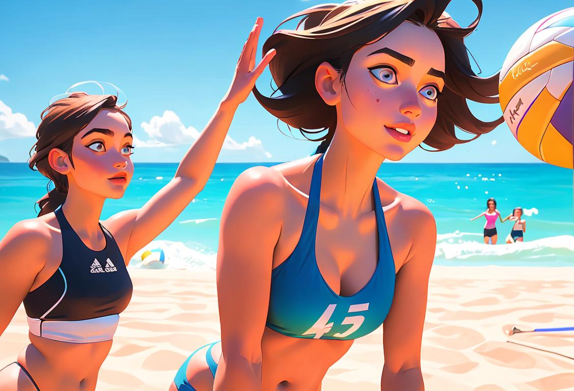 Young woman giving a high-five to another woman on the beach, wearing a colorful bikini, summer fashion, beach volleyball game in the background..