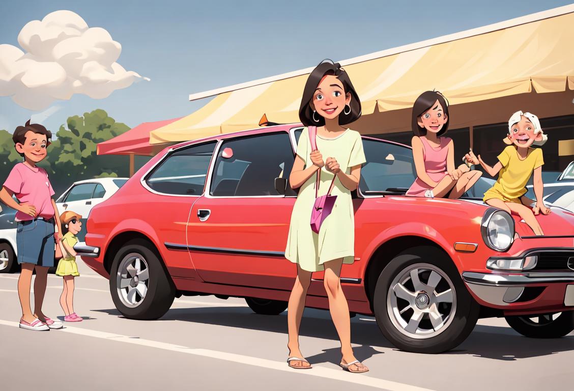 Happy shoppers of all ages, smiling and holding car keys, dressed in casual summer attire, surrounded by a lively car dealership atmosphere..