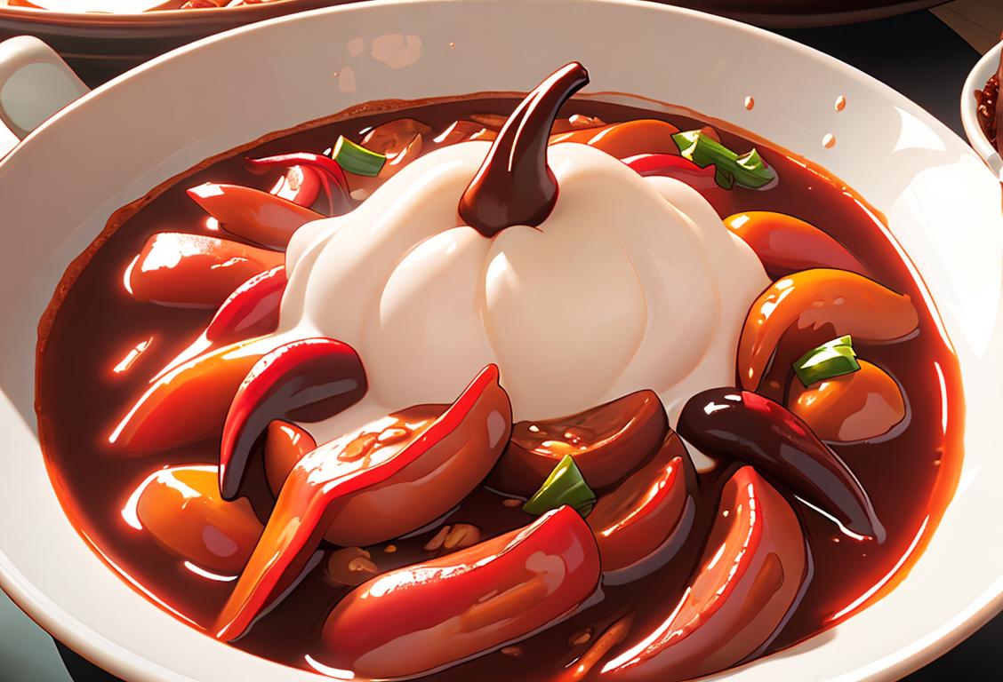 A person wearing a chef's apron, holding a bowl of steaming hot chili, surrounded by various spices and peppers..