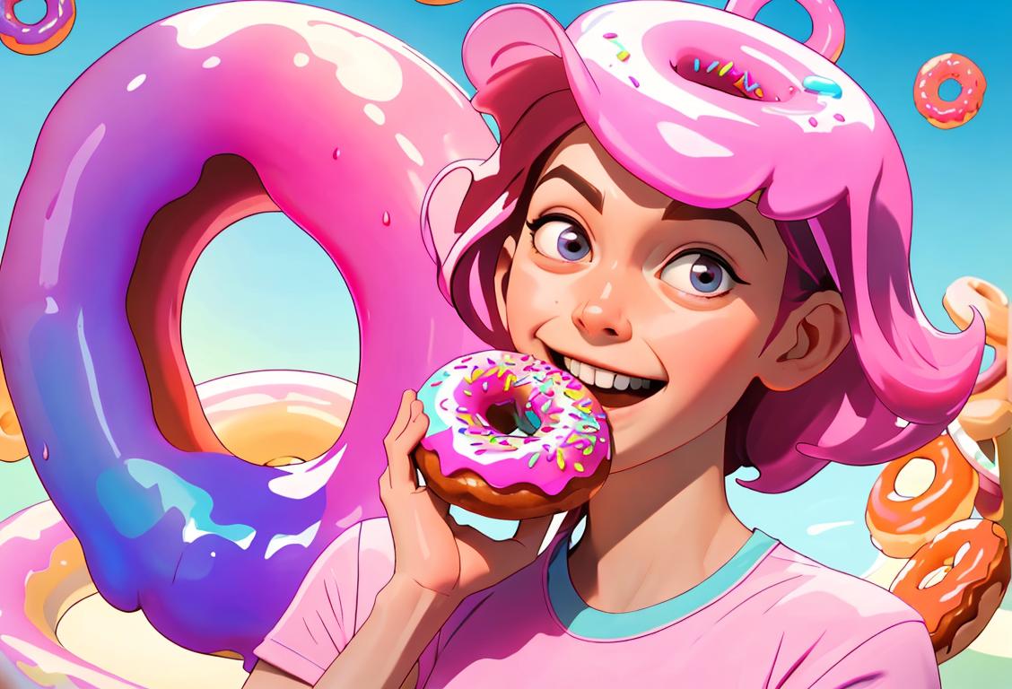Excited individual sucking the jelly out of a donut. Bright, colorful donut shop backdrop, trendy clothing, joyful expression..