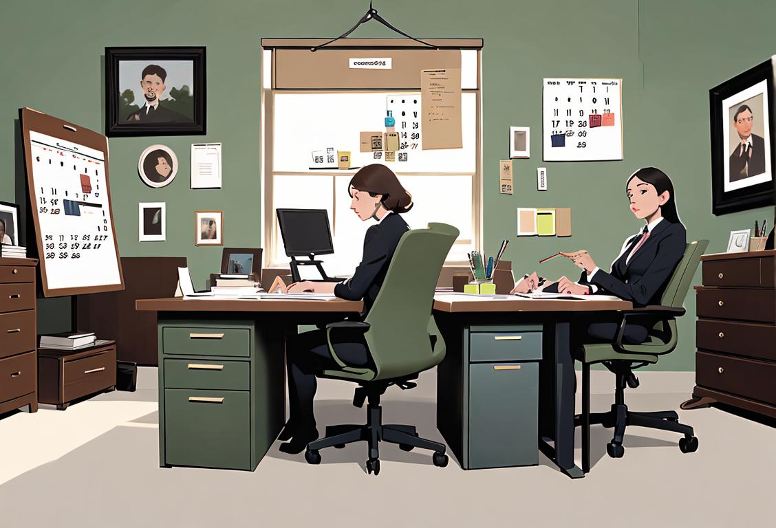 Group of people wearing business attire, sitting at a tidy desk, organized calendars and files, emphasizing discipline in productivity..