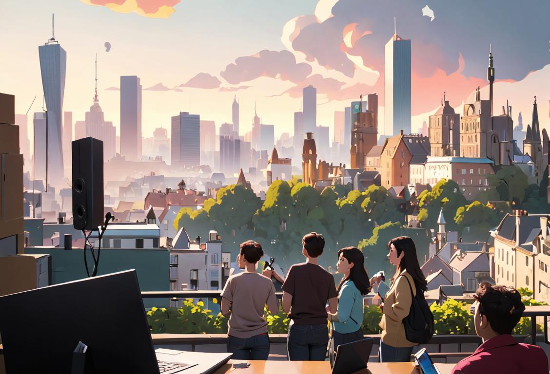 A diverse group of people huddled around various devices, wearing casual attire, with a backdrop of a bustling cityscape and natural scenery..