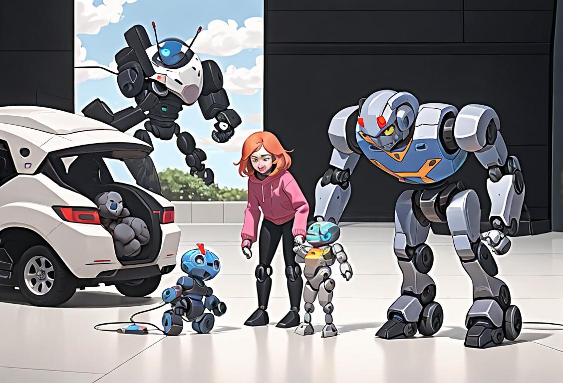 A family of diverse individuals interacting happily with a robot in a modern, clean and futuristic setting..