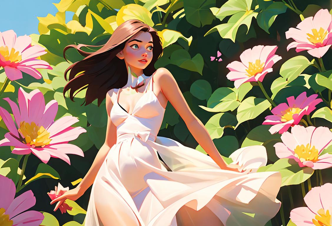Young woman in a flowy summer dress, surrounded by beautiful flowers, basking in the bra-free freedom of National Bra Free Day..