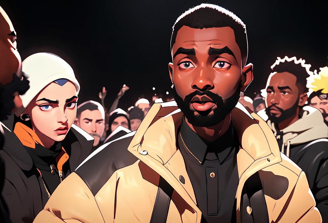 Riky Rick surrounded by a crowd, wearing a stylish outfit, urban street fashion, energetic concert atmosphere..