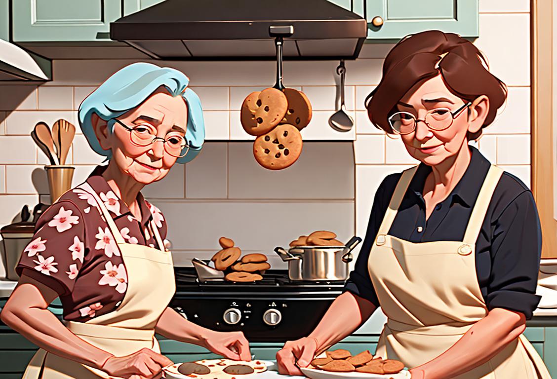 Kind-hearted grandmother wearing a floral apron, baking cookies with her adorable grandchildren in a cozy kitchen..