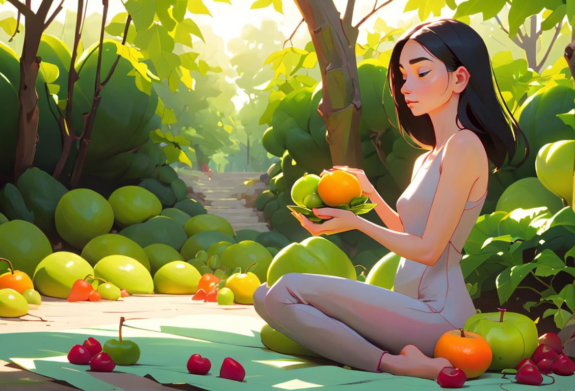 Young woman meditating in a serene natural setting, dressed in comfortable activewear, surrounded by detoxifying fruits and vegetables..