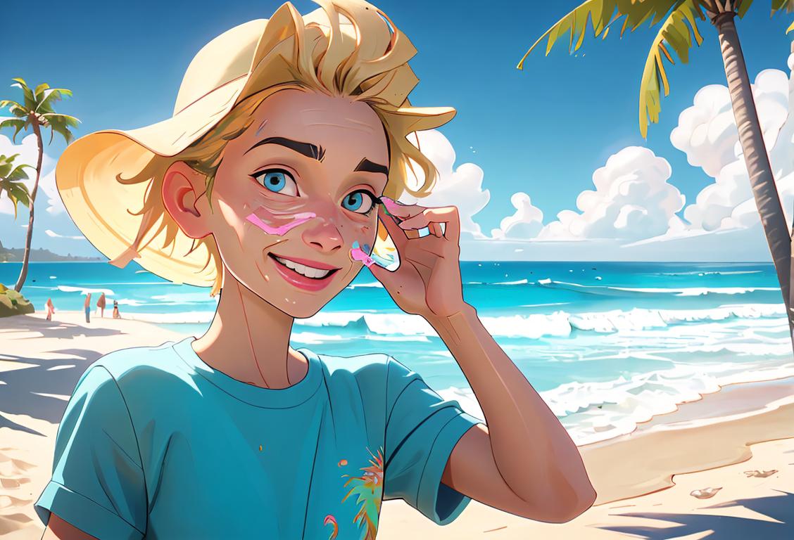 Adult holding a wet wipe with a smile, wearing a bright summer outfit, beach scene with palm trees and ocean waves..