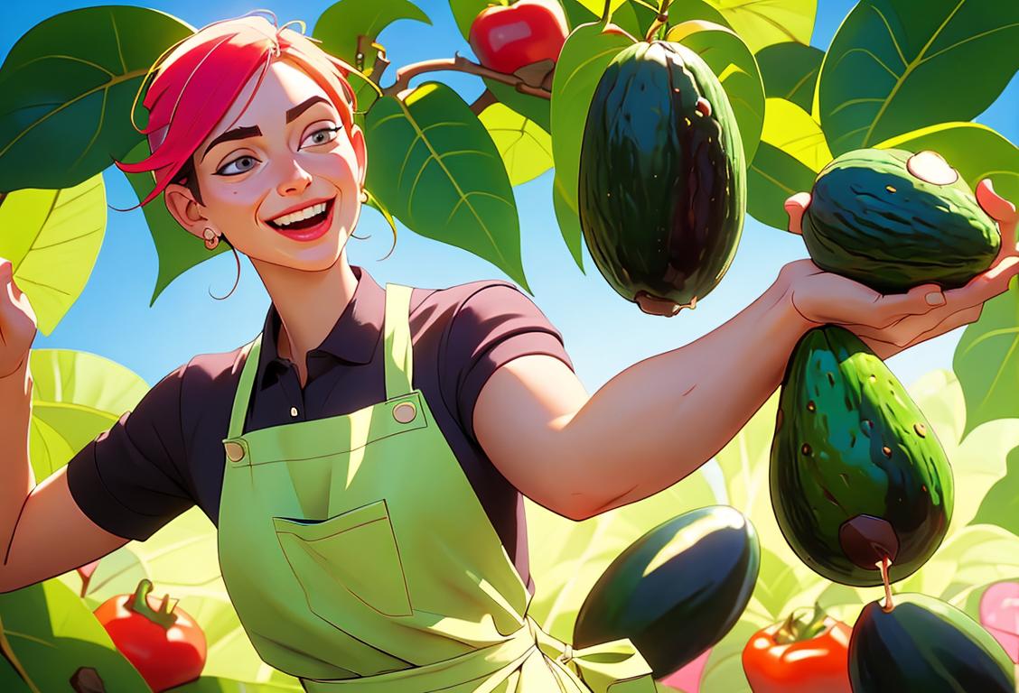 A person joyfully holding an avocado, wearing a chef's apron, surrounded by a vibrant farmers market..