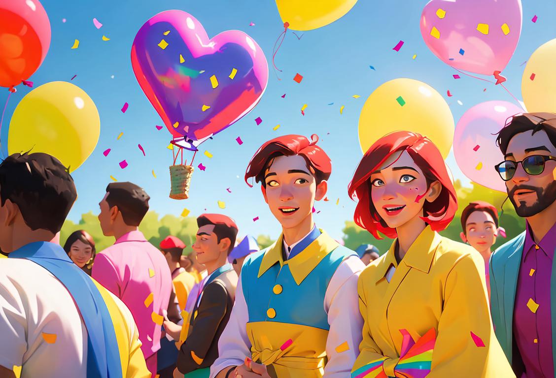 A group of diverse people named Joshua, wearing colorful outfits, celebrating in a park filled with balloons and confetti, with a sunny summer backdrop..