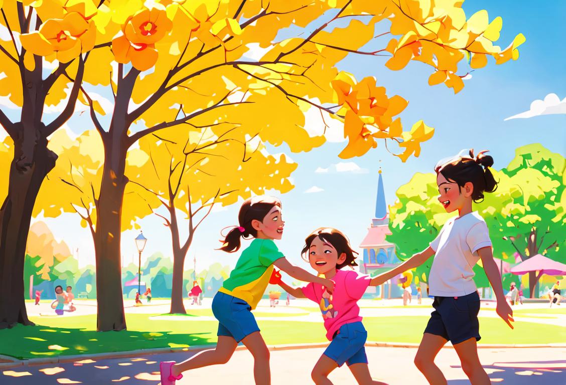 Happy children playing in a sunny park, wearing colorful clothes, enjoying their favorite outdoor activities on National ria Day!.