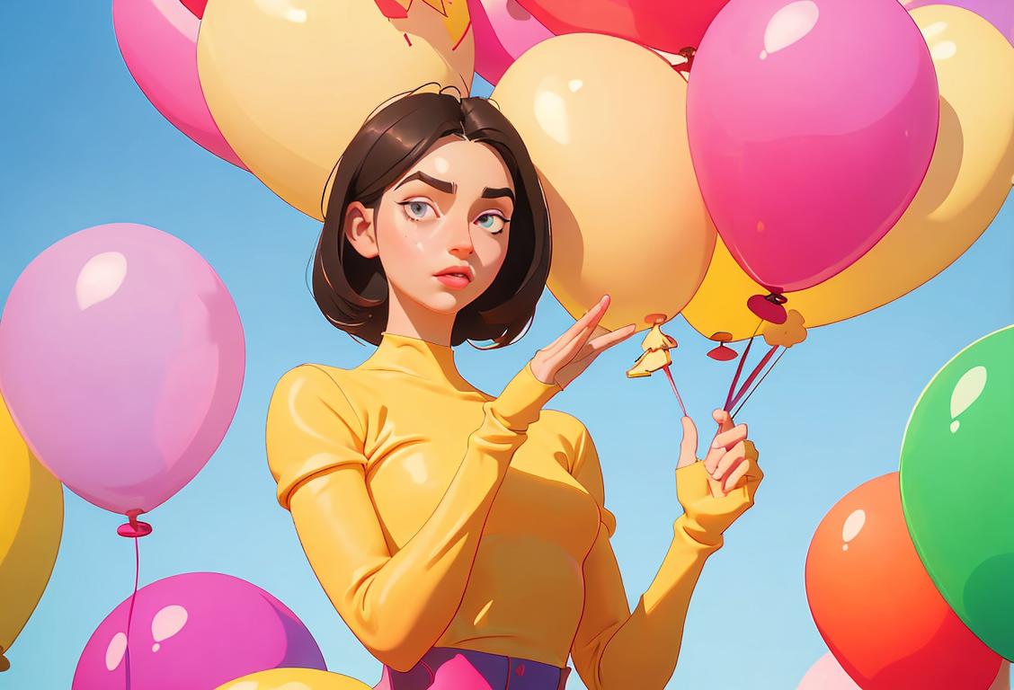 Young woman celebrating National Flat Chested Day in a whimsical outfit, shoulder shrug, colorful backdrop, surrounded by balloons..