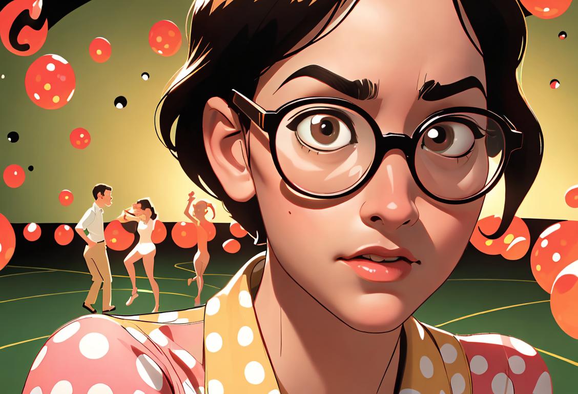 Confused person surrounded by a maze, wearing a polka dot shirt, vintage glasses, retro 80s dance club setting..